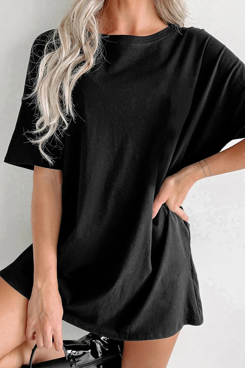 Black Solid Color Round Neck Basic Tunic T Shirt - Chic Meadow Boutique 