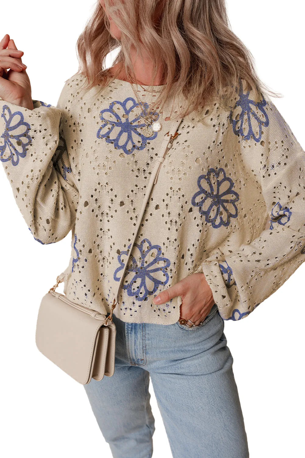 Beige Contrast Flower Print Eyelet Drop Shoulder Sweater - Chic Meadow Boutique 