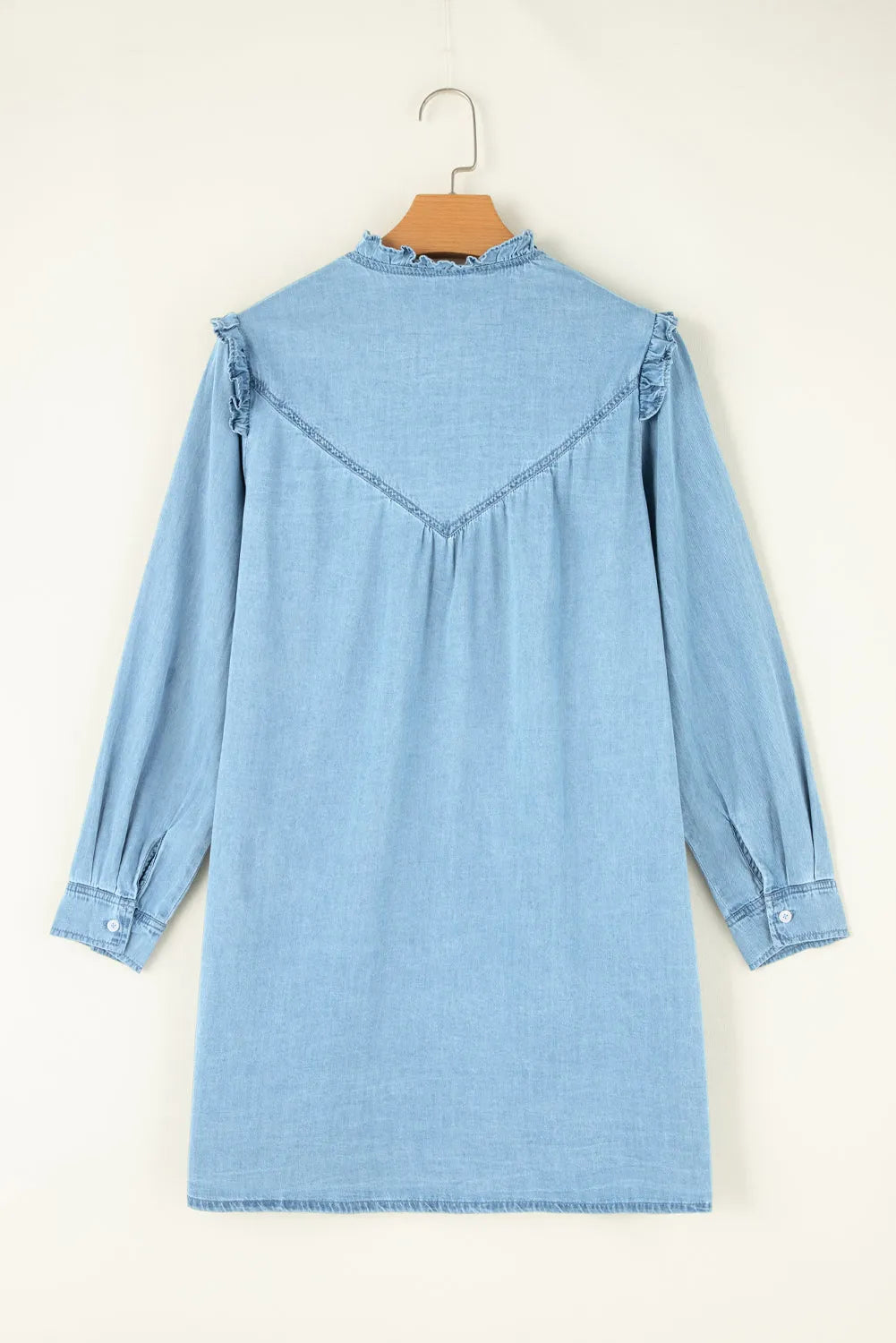 Myosotis Ruffled V Neck Buttoned Shift Denim Dress - Chic Meadow Boutique 