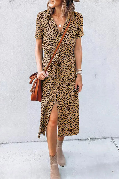 Khaki Leopard Turn-Down Collar Slit Midi Dress - Chic Meadow Boutique 