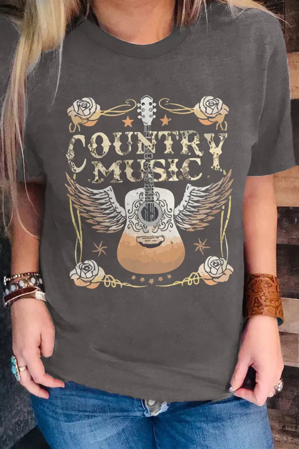 Gray COUNTRY MUSIC Guitar Graphic Print Crew Neck T Shirt - Chic Meadow Boutique 