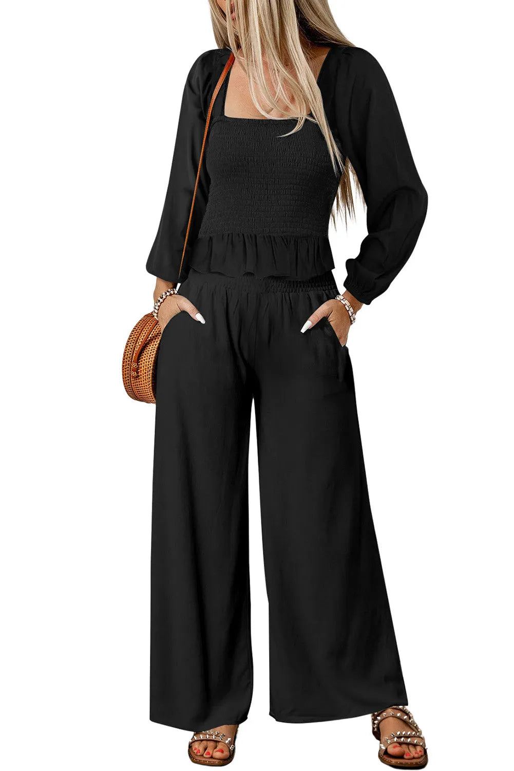 Black Square Neck Smocked Peplum Top and Pants Set - Chic Meadow Boutique 