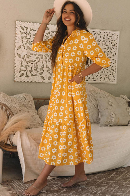 Dresses/Maxi Dresses Yellow Flower Print Bracelet Sleeve Buttons Collared Maxi Dress