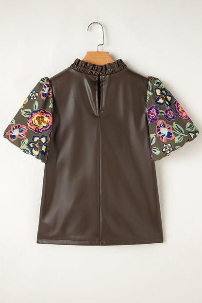 Floral Bubble Sleeve Patchwork Leatherette Frilled Round Neck Blouse