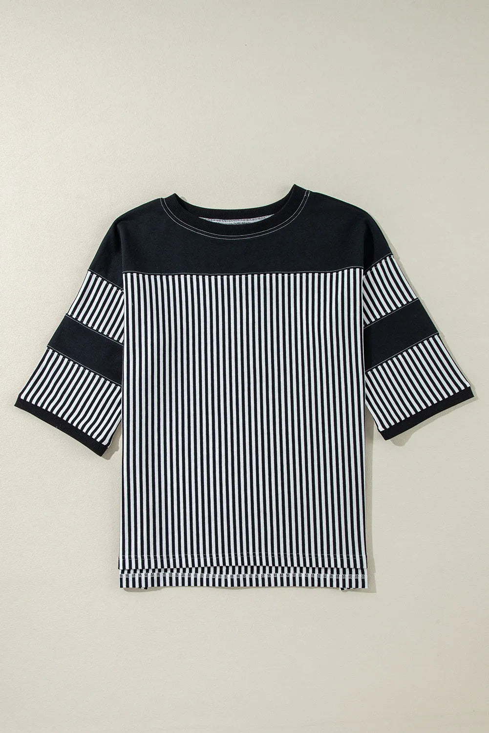 Black White Striped Patchwork 3/4 Sleeve Oversize Top - Chic Meadow Boutique 