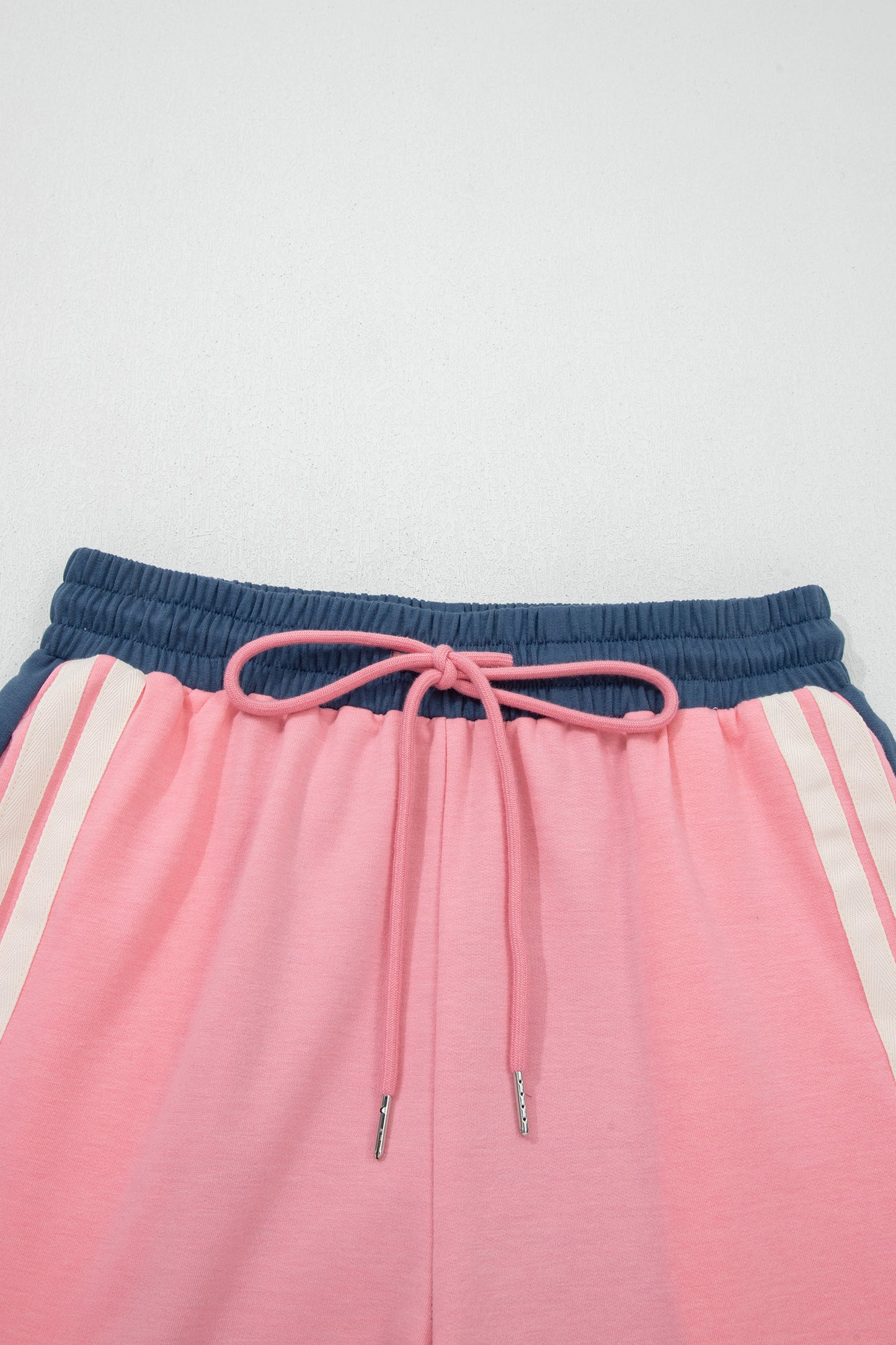 Pink Color Block Patchwork Varsity Striped Detail Drawstring Elastic Waist Shorts