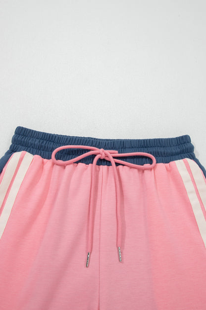 Pink Color Block Patchwork Varsity Striped Detail Drawstring Elastic Waist Shorts