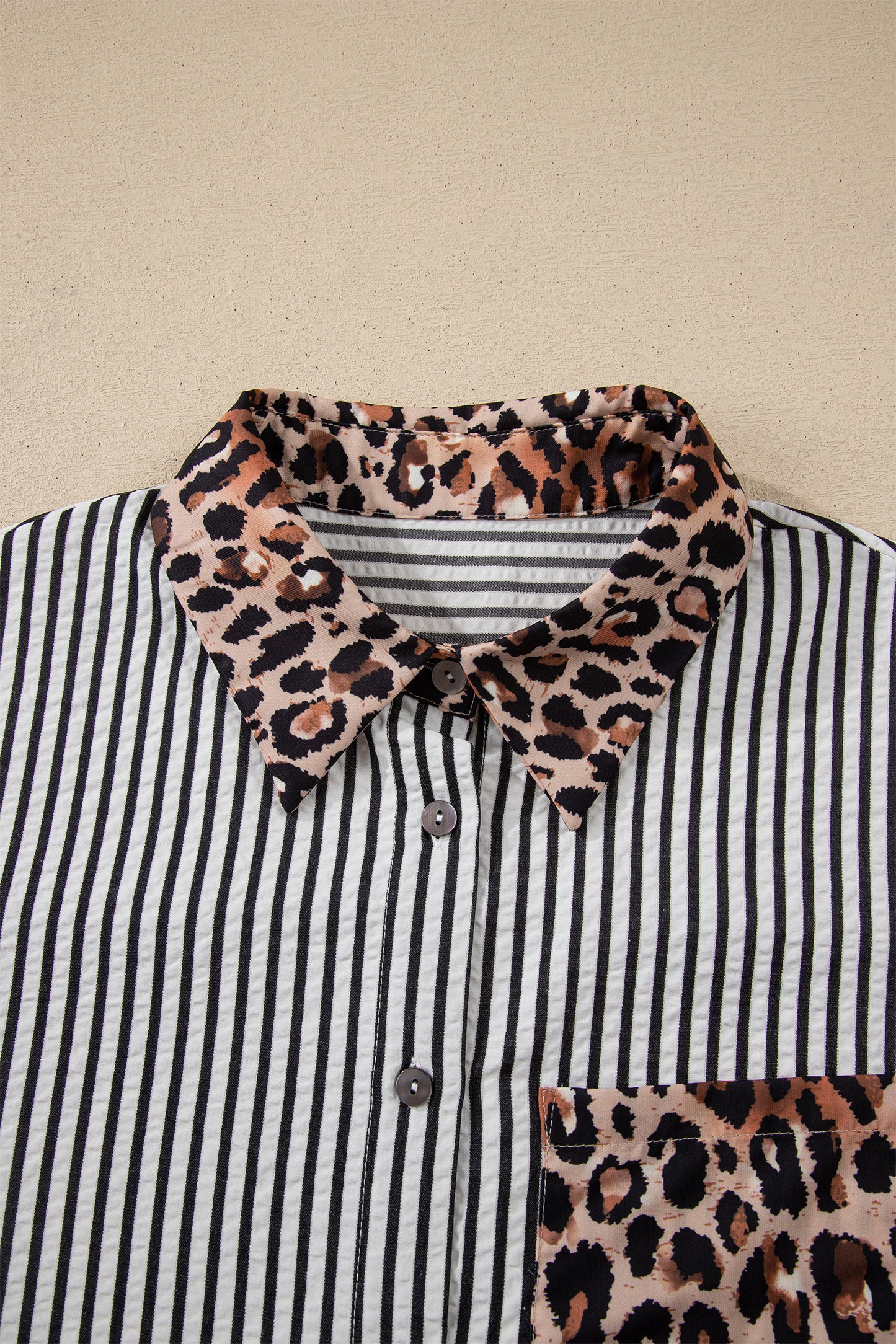 Black Striped Leopard Print Patchwork Button Up Womens Shirt