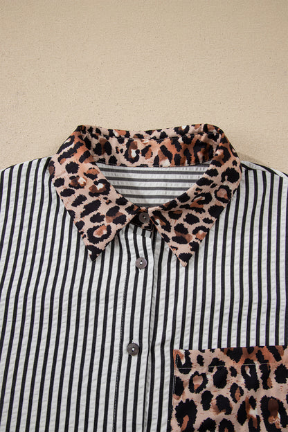 Black Striped Leopard Print Patchwork Button Up Womens Shirt