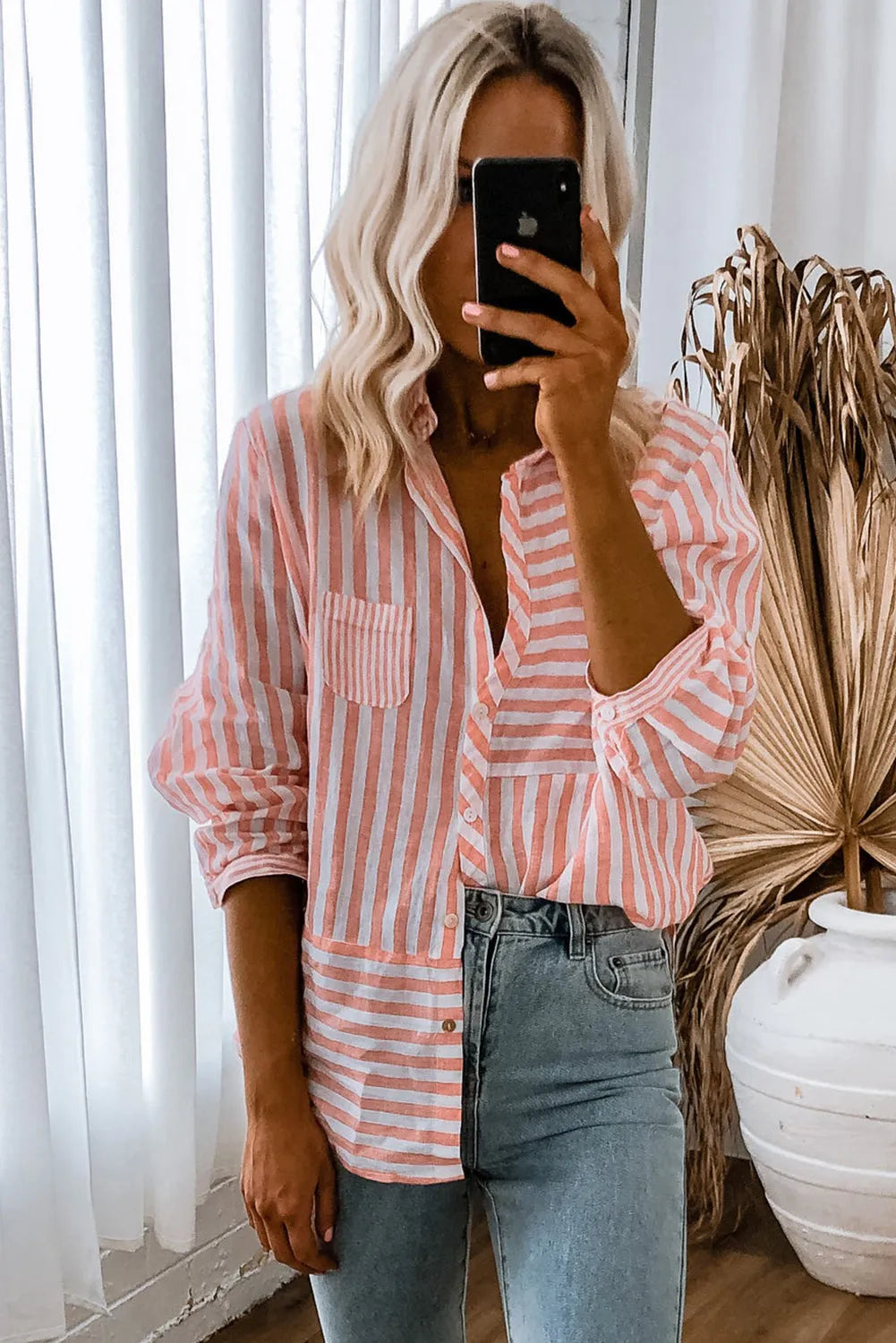 Pink Stripe Buttoned Long Sleeve Casual Shirt - Chic Meadow Boutique 