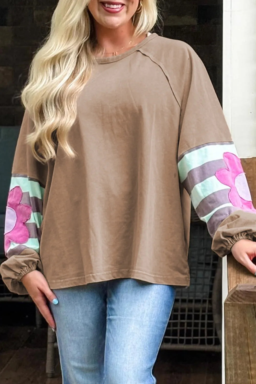 Light French Beige Flower Striped Patchwork Puff Sleeve Loose Sweatshirt - Chic Meadow Boutique 