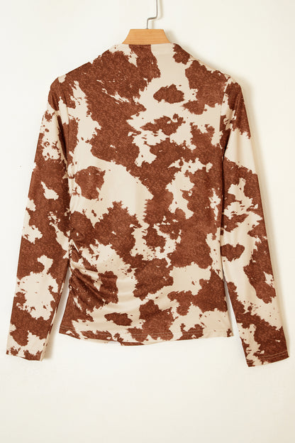 Brown Western Cow Spots Printed High Neck Sheath Long Sleeve Top