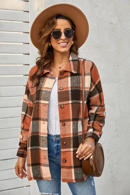 Outerwear/Jackets Orange Plaid Print Buttoned Shirt Jacket