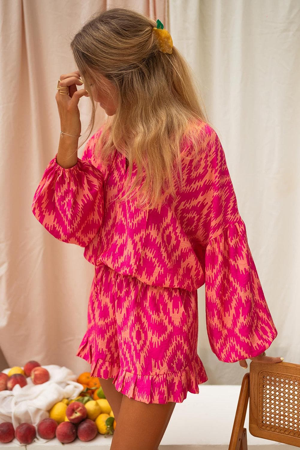 Loungewear & Sleepwear/Sleepwear Rose Western Aztec Geometric Print Top and Ruffled Shorts Set