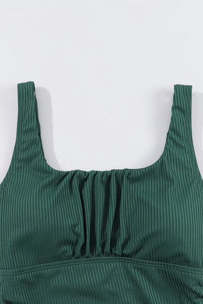 Blackish Green Ruched U Neck Ribbed Tankini - Chic Meadow Boutique 