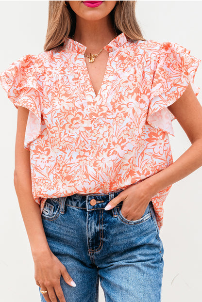 Orange Floral Ruffle Sleeve Split Neck Blouse