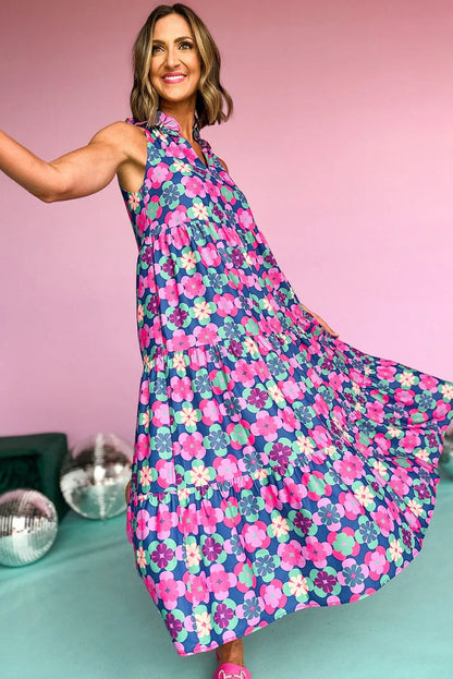 Blue Floral Print Frilly Neck Sleeveless Tiered Maxi Dress - Chic Meadow Boutique 