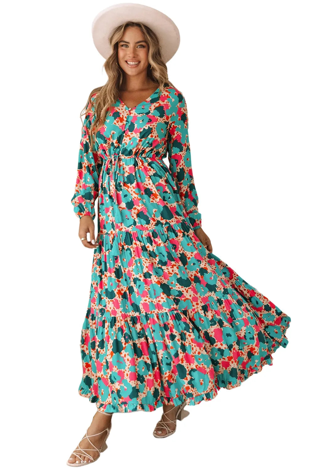 Multicolor Bohemia Print V Neck Ruffle Long Sleeve Maxi Dress - Chic Meadow Boutique 