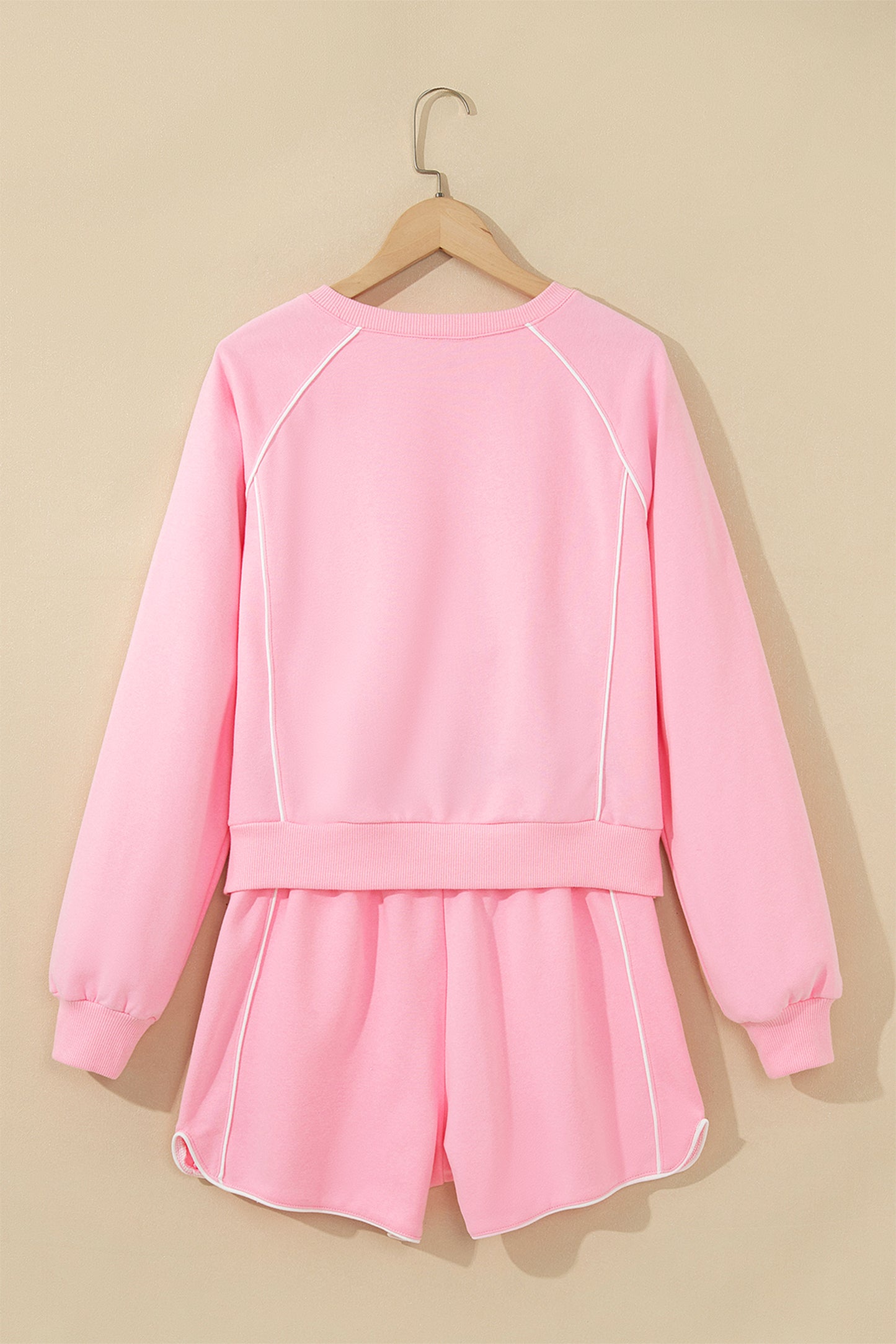 Pink Piping Trim Long Sporty Pullover Drawstring Elastic Waist Shorts Set