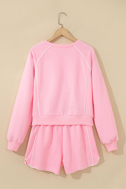 Pink Piping Trim Long Sporty Pullover Drawstring Elastic Waist Shorts Set