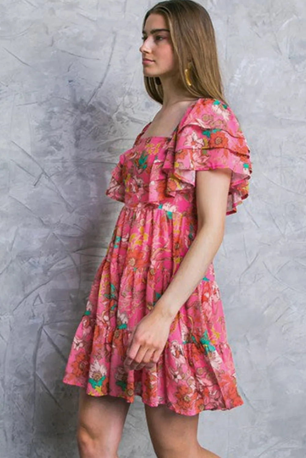 Pink Floral Square Neck Ruffle Sleeve Tiered Dress - Chic Meadow Boutique 