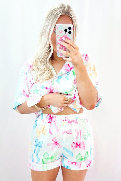 Loungewear & Sleepwear/Sleepwear White Bowknot Print Buttoned Shirt High Waist Shorts Pajama Set