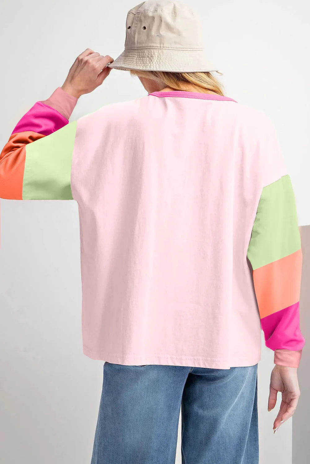 Pink Colorblock Patchwork Long Sleeve Loose Top - Chic Meadow Boutique 