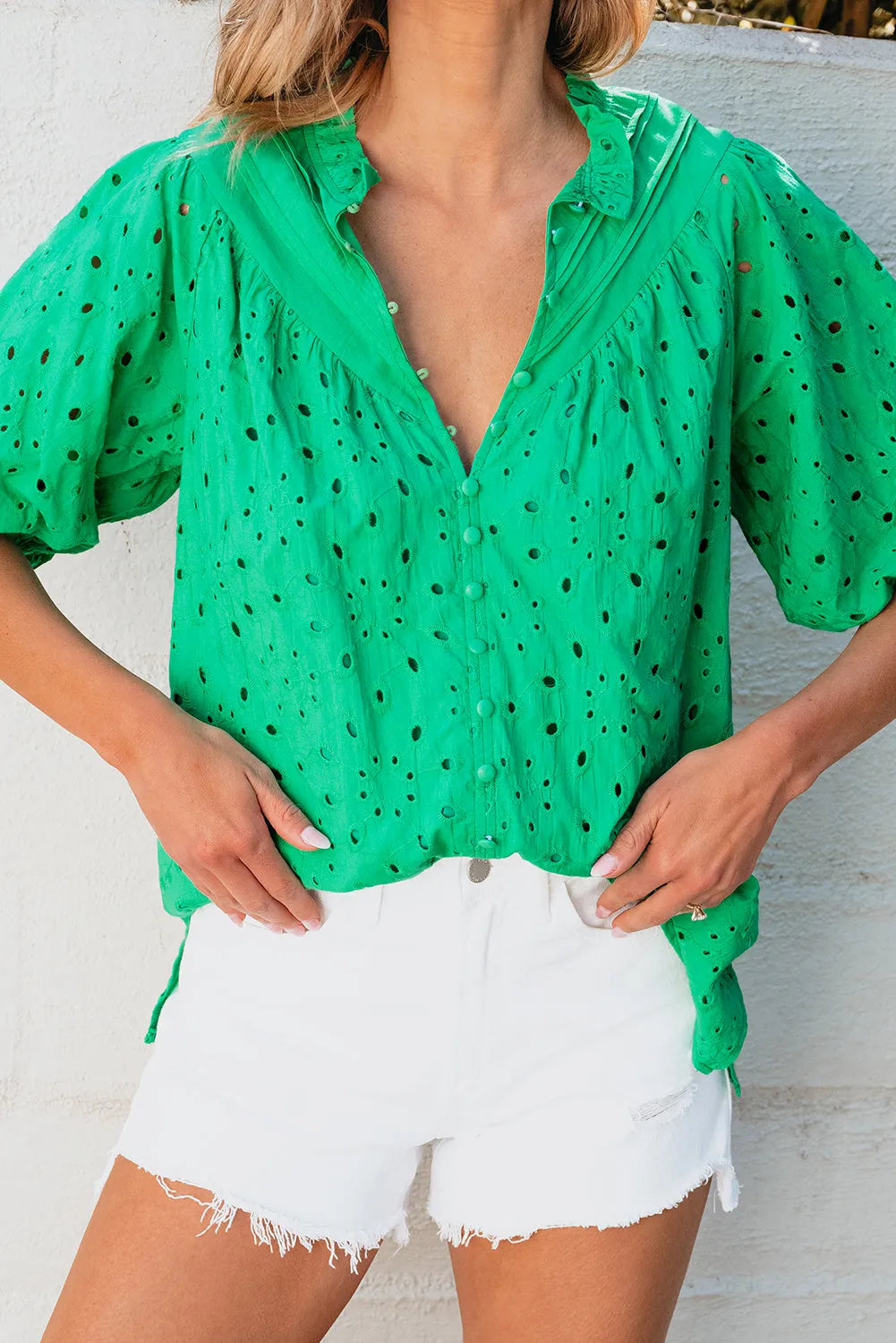 Green Flower Embroidered Hollow-out Puff Sleeve Blouse - Chic Meadow Boutique 