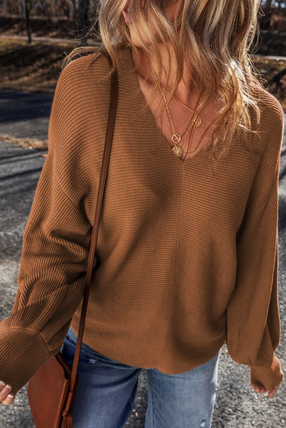 Camel Ribbed Knit Drop Sleeve V Neck Loose Fit Sweater - Chic Meadow Boutique 