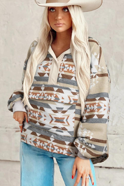 Tops/Sweatshirts & Hoodies Apricot Aztec Print Collared Flap Pocket Sweatshirt