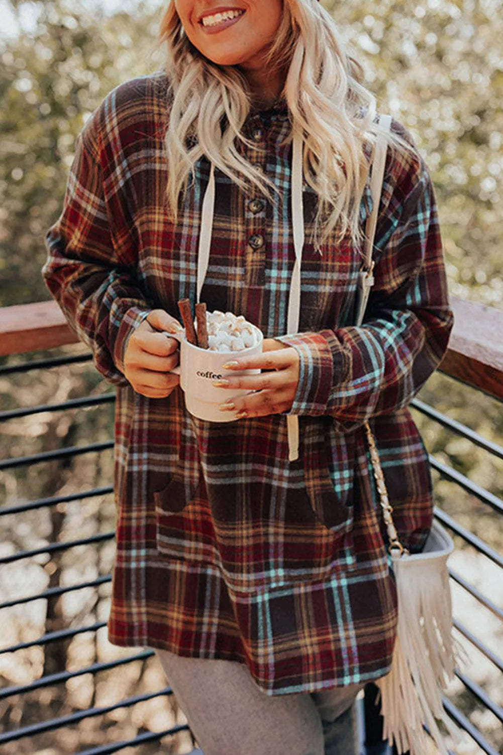 Fiery Red Plus Size Plaid Kangaroo Pocket Drawstring Hoodie - Chic Meadow Boutique 