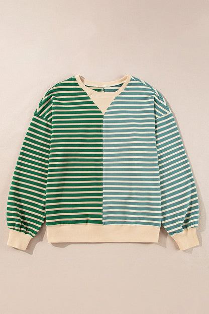 Green Stripe Casual Stripe Colorblock Drop Shoulder Oversize Sweatshirt - Chic Meadow Boutique 