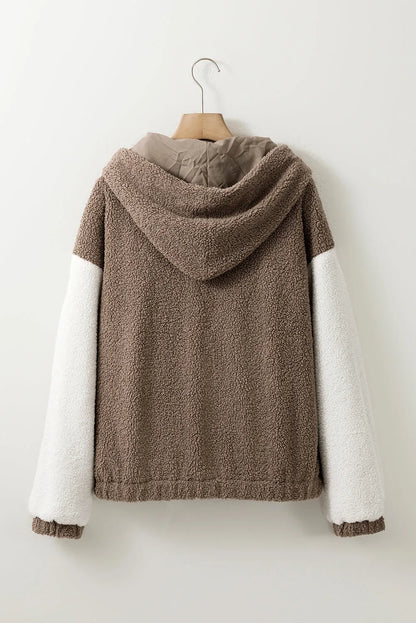 Brown Colorblock Hooded Zip-Up Pocketed Sherpa Jacket - Chic Meadow Boutique 