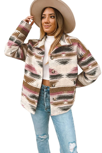 Multicolor Aztec Print Button Up Long Sleeve Jacket - Chic Meadow Boutique 