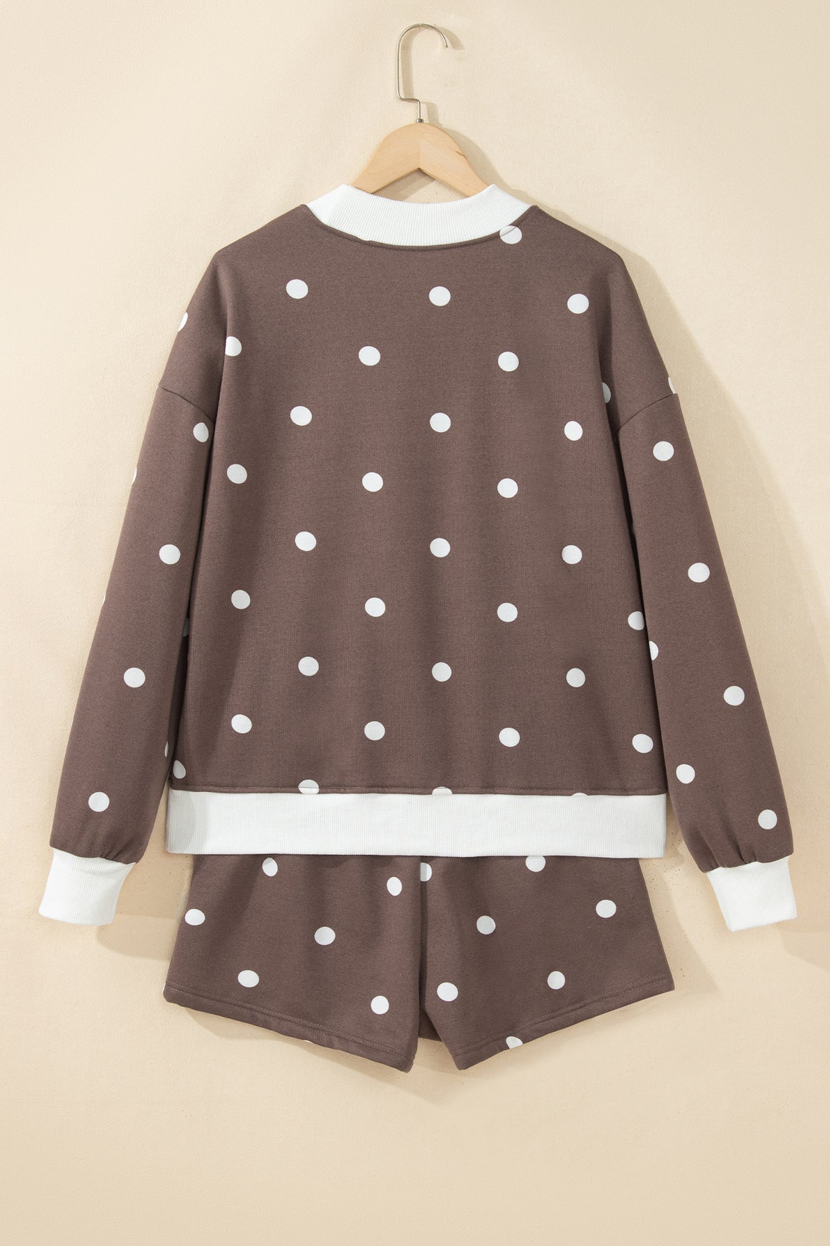 Brown Polka Dot Ribbed Trim Long Sleeve Top Casual Short Set