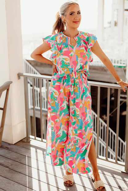 Floral Ruffled Sleeve Top Smocked Wide Leg Pants Set - Chic Meadow Boutique 