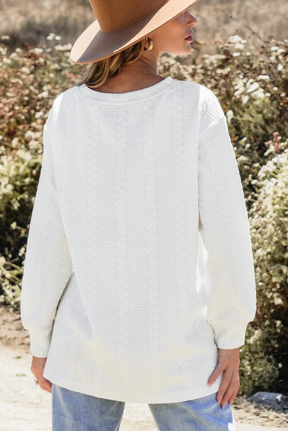 White Cable Textured Long Sleeve Round Neck Top - Chic Meadow Boutique 