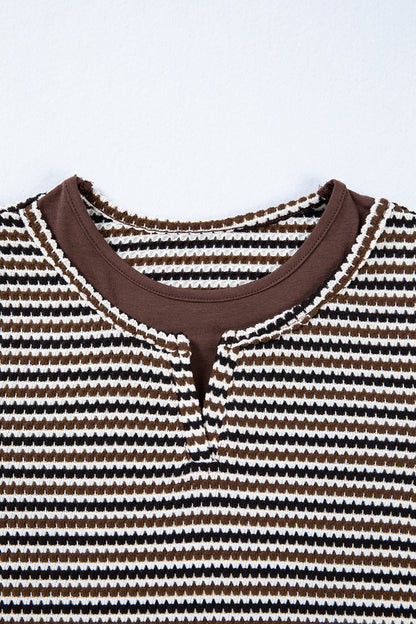 Brown Faux Two Piece Textured Striped Round Neck Long Sleeve T Shirt