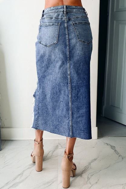 Sail Blue Dearlove Irregular Distressed Bottom Denim Midi Skirt