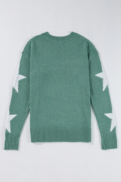 Green Star Pattern Drop Shoulder Sweater - Chic Meadow Boutique 