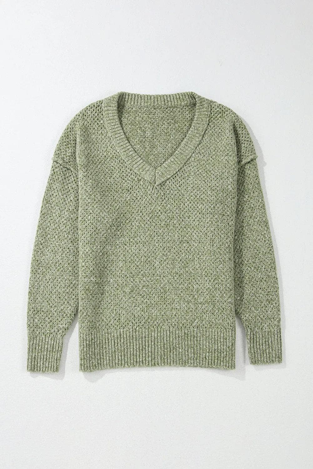 Sweaters & Cardigans/Sweaters Jungle Green Loose Eyelet V Neck Drop Shoulder Sweater