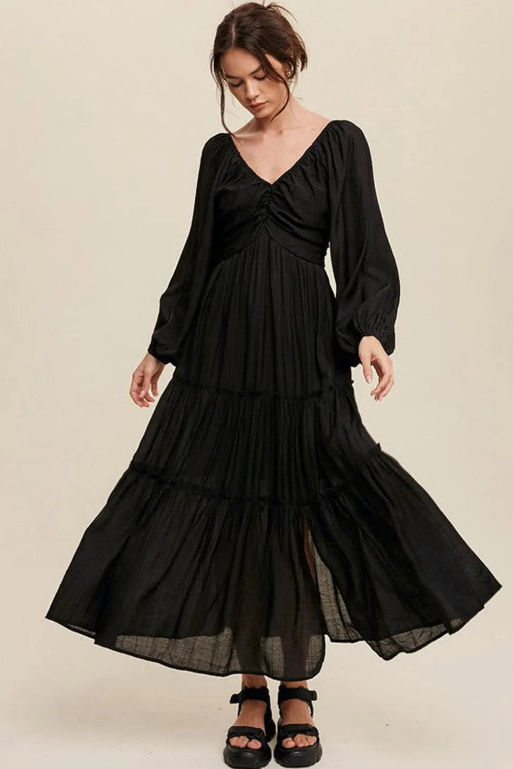 Black V Neck Bowknot Cutout Frill Tiered Maxi Dress - Chic Meadow Boutique 