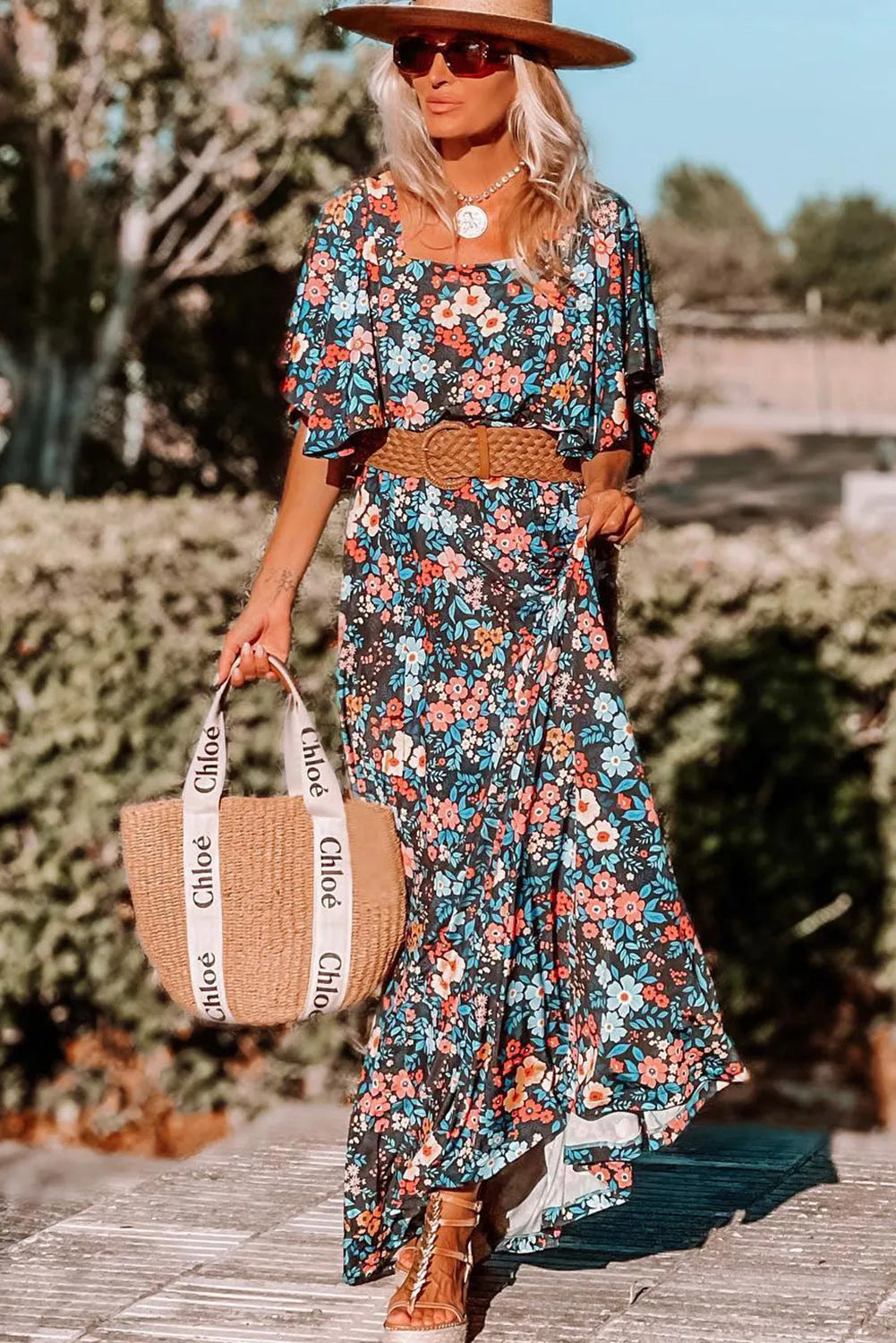 Sky Blue Floral Knotted Back Square Neck Maxi Dress - Chic Meadow Boutique 