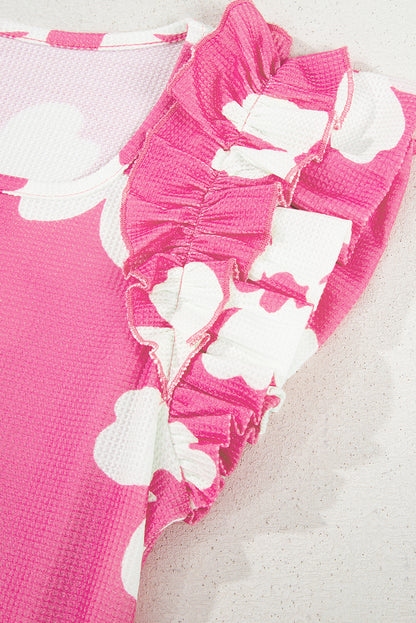 Pink Floral Textured Ruffled Short Sleeve Square Neck Blouse