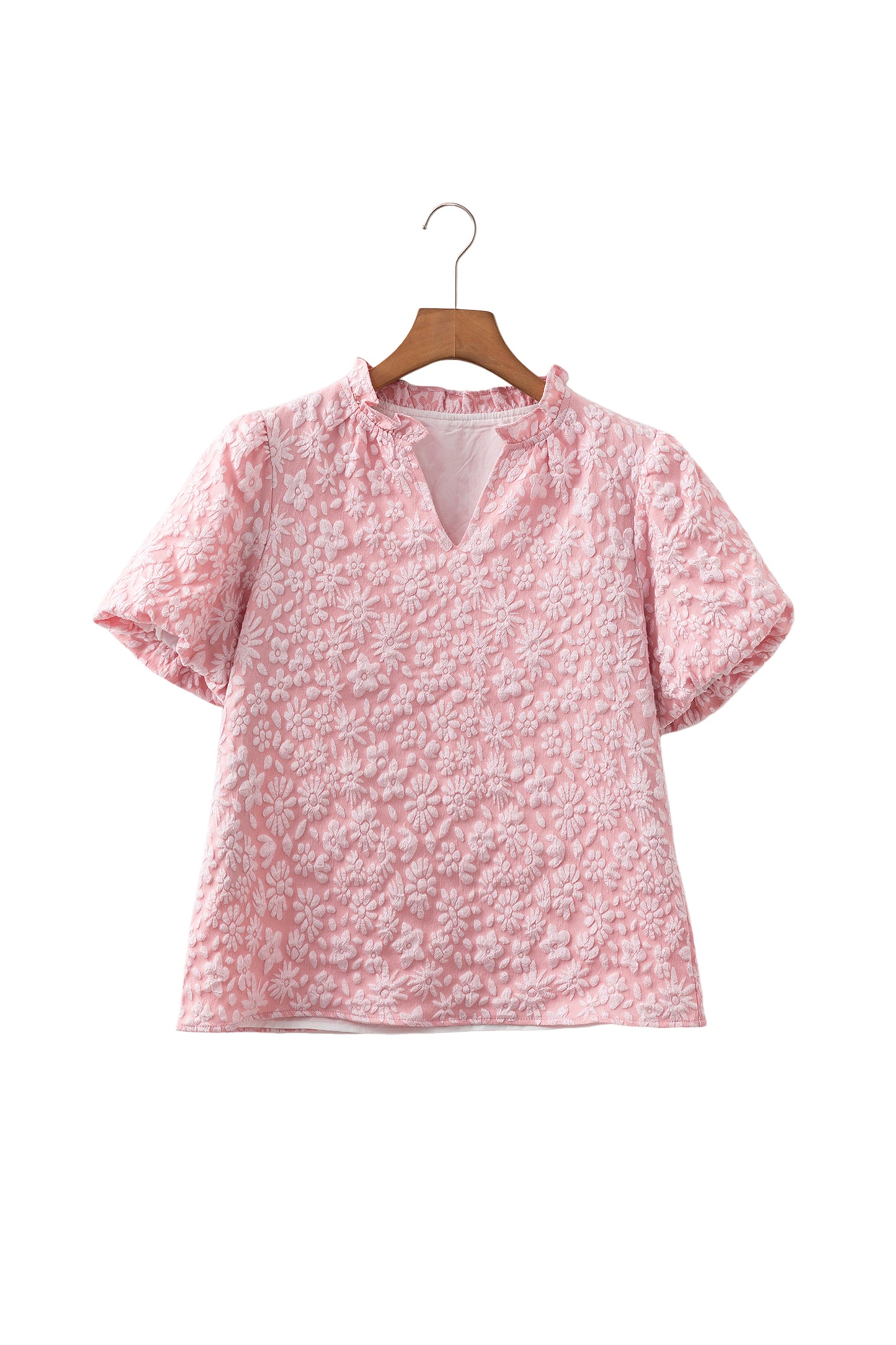 Apricot Pink Floral Textured Jacquard Puff Sleeve Blouse
