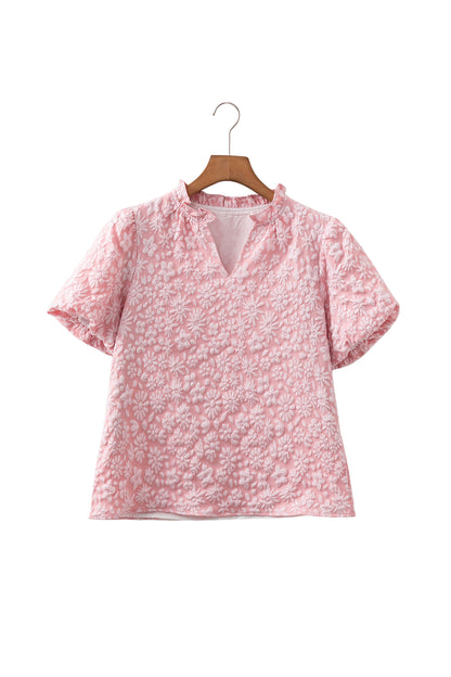 Apricot Pink Floral Textured Jacquard Puff Sleeve Blouse