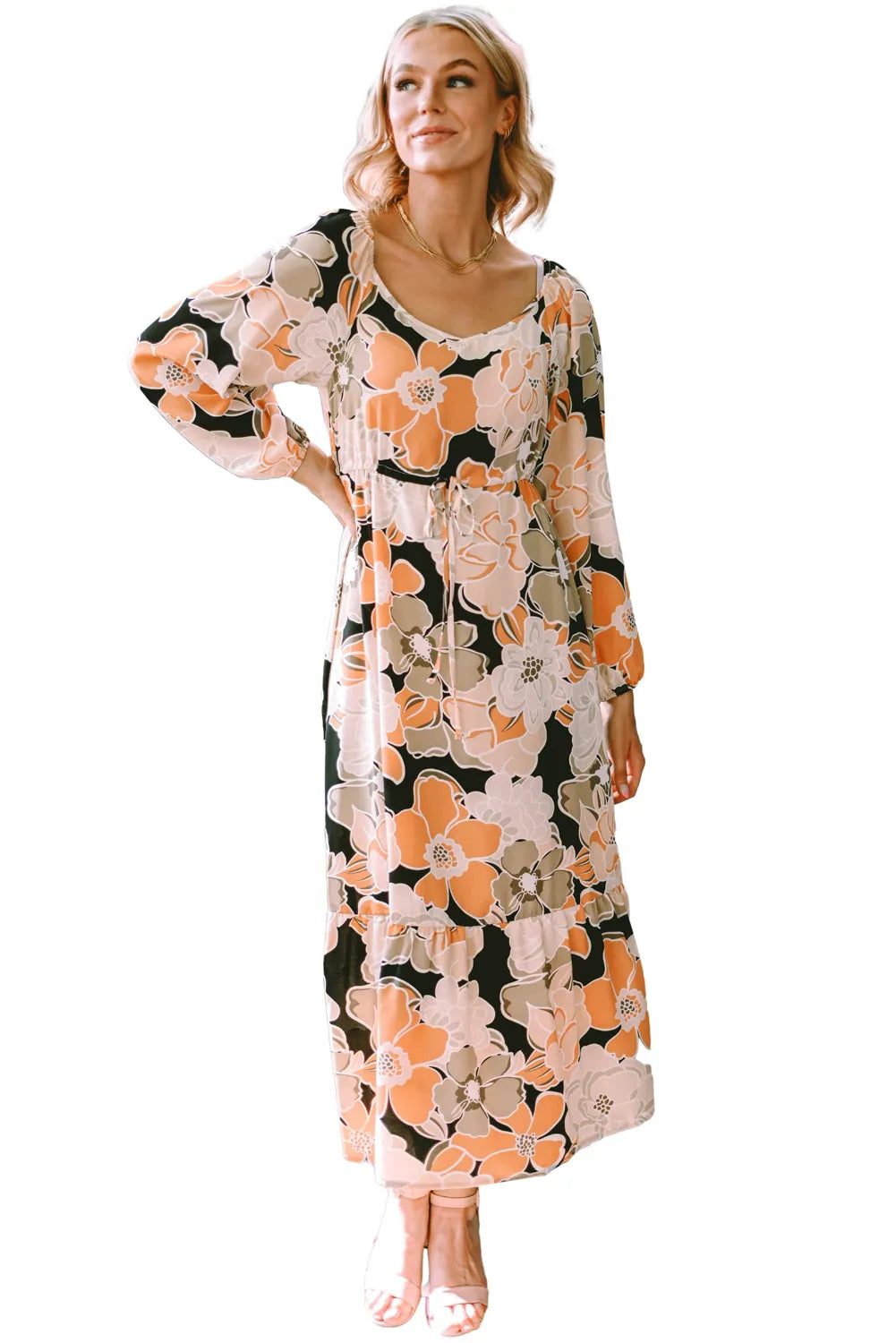 Tie Waist Puff Sleeve Bold Floral Maxi Dress - Chic Meadow Boutique 