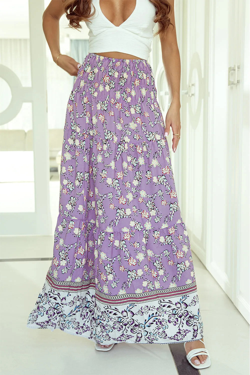 Purple Floral Print Shirred High Waist Maxi Skirt - Chic Meadow Boutique 