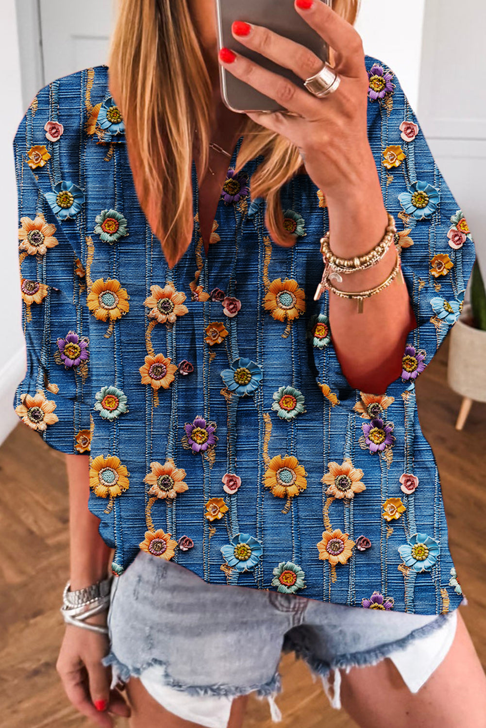 Blue Floral Collared V Neck Roll up Sleeve Shift Blouse