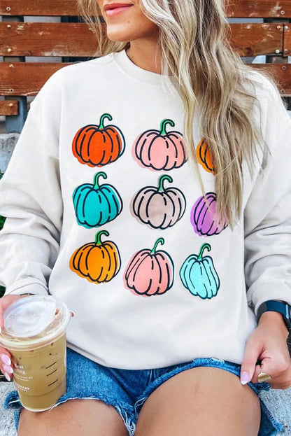 Beige Vibrant Pumpkins Print Crew Neck Halloween Sweatshirt - Chic Meadow Boutique 